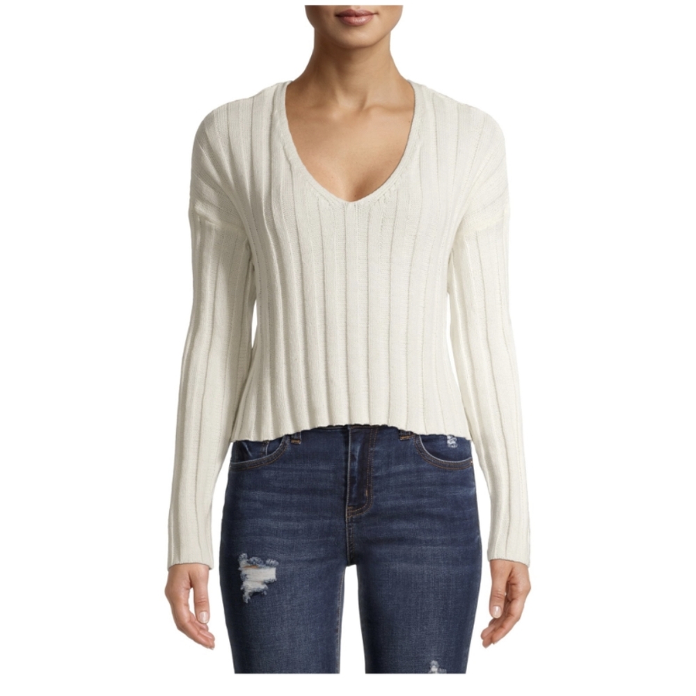 Wet Seal Egret Ribbed Cropped Cotton/Acrylic Blend V-neck Sweater 🔥Host Pick🔥 - Picture 1 of 13
